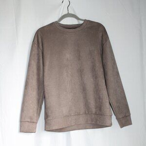 Brown Beige Faux Suede Long Sleeve Crew Neck Pullover Shirt Sweater Unisex